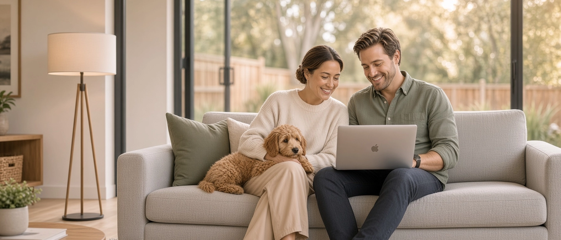 A family outside their newly built home